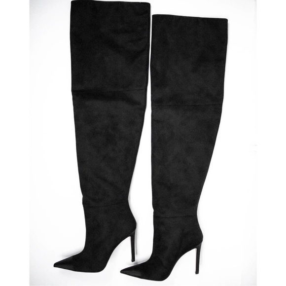 Good American Black Suede Over The Knee Boots 13, Thigh High Heeled Boots - Picture 3 of 16
